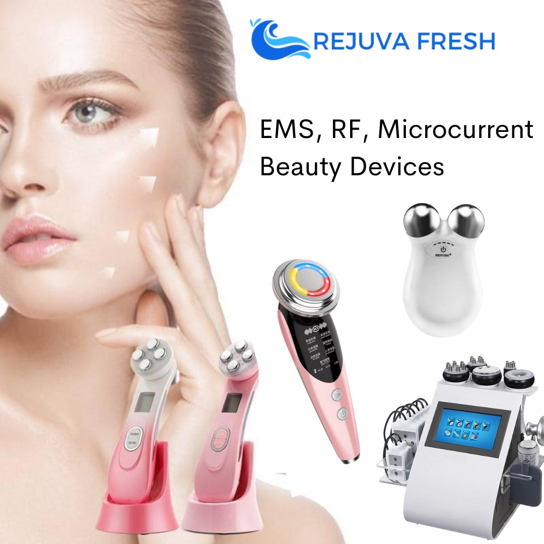 REJUVA FRESH Beauty Devices with EMS, RF, and Microcurrent. Woman with Glowing Skin Touches Face.
