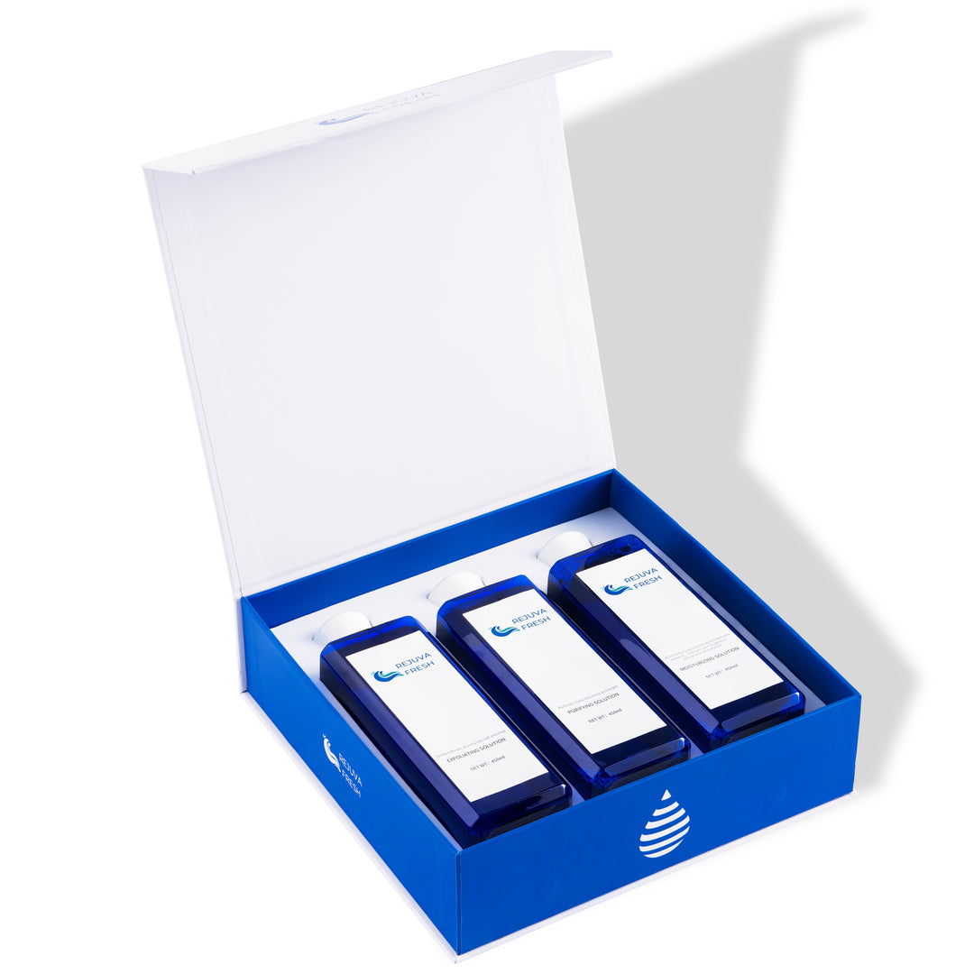 Set of three Rejuva Fresh serums in a blue box with a visible brand logo on a white background
