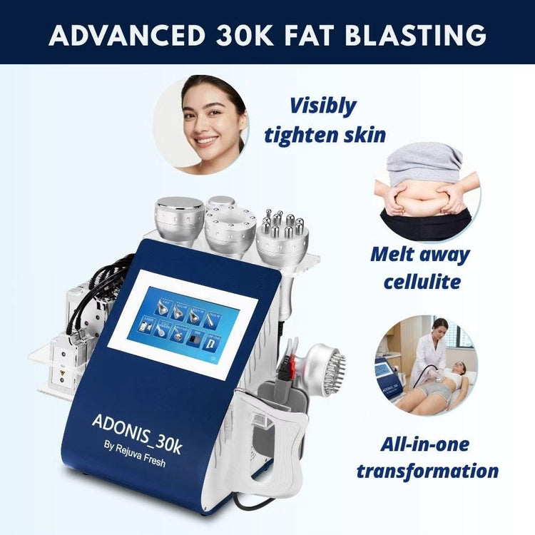 Adonis 30K body contouring machine with multiple treatment handpieces for skin tightening, cellulite reduction, and body sculpting.