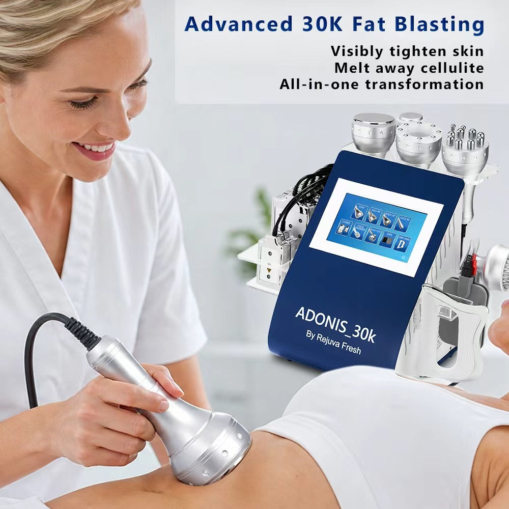 Adonis 30K body contouring machine with practitioner using a cavitation handpiece on a patient’s abdomen during treatment.